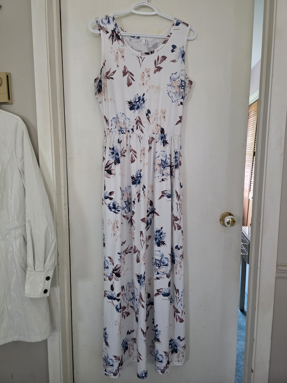 Off-White Floral Maxi Dress with Blue and Brown Blooms